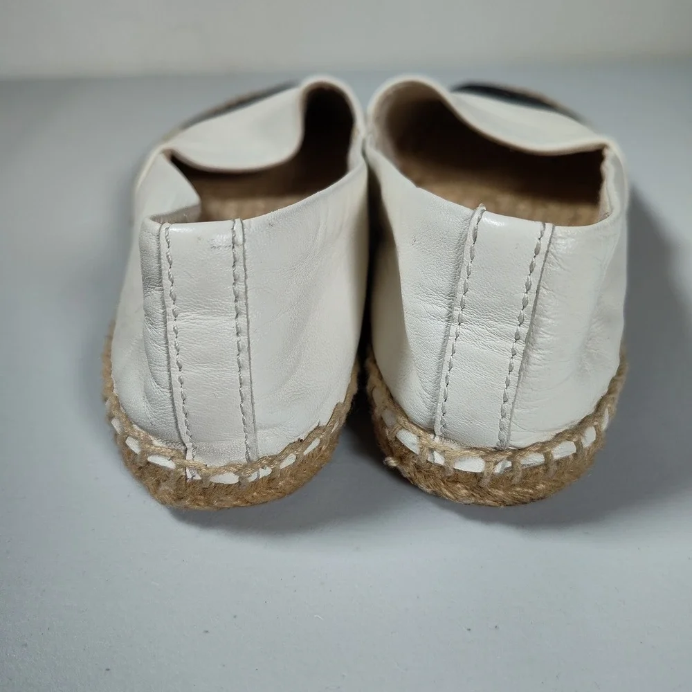 Tory Burch Leather Espadrille Flats Cream Black Logo Cap Toe Slip On Shoes Sz 7